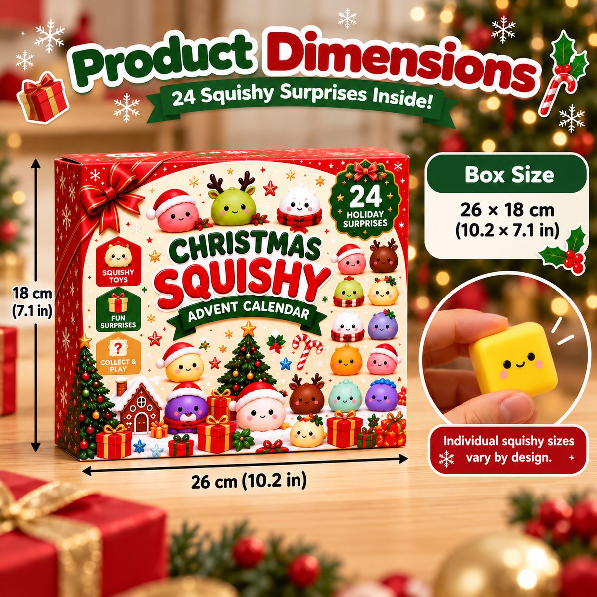 Aventoh Christmas squishy advent calendar product dimensions, 26 by 18 cm