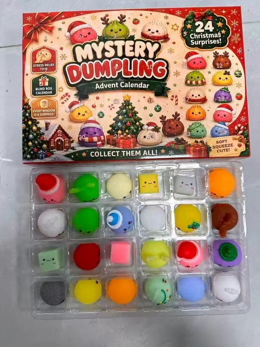 Example of the 24-piece mini squishy assortment in the Christmas advent calendar; colors and shapes may vary